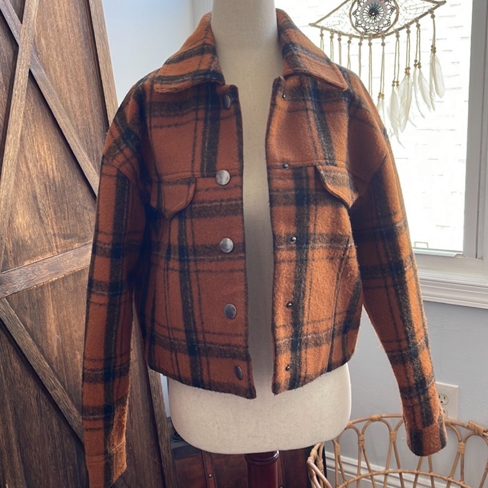 Astr Brown and Black Bomber Jacket with Plaid Pattern